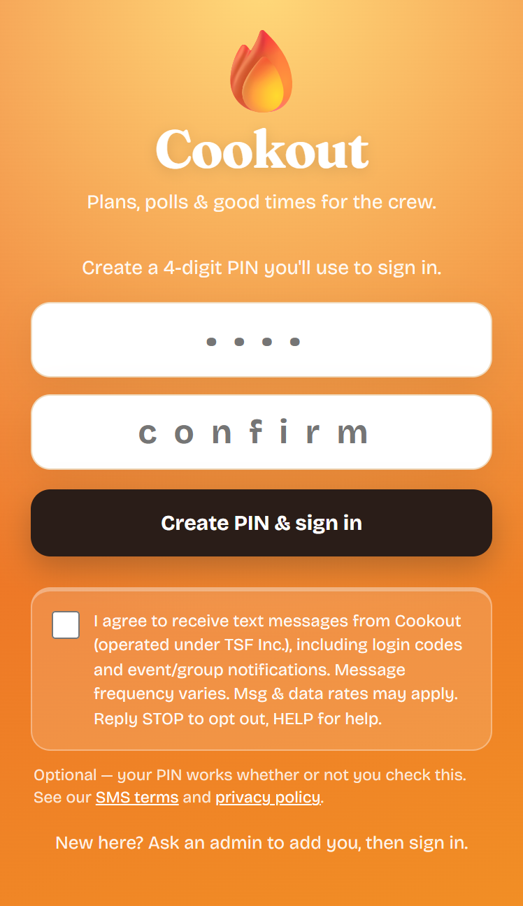 Cookout account-setup screen showing the unchecked SMS consent checkbox and its label